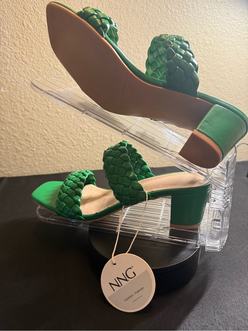 Green Braided Double-Strap Block Heel Sandals